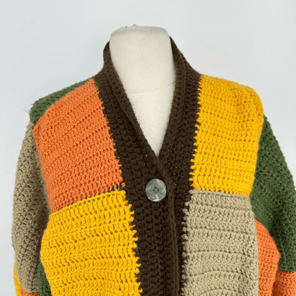 90s Hippie Hand Knit Cardigan Sweater Womens L Harry Styles Pattern Patchwork - Picture 8 of 10